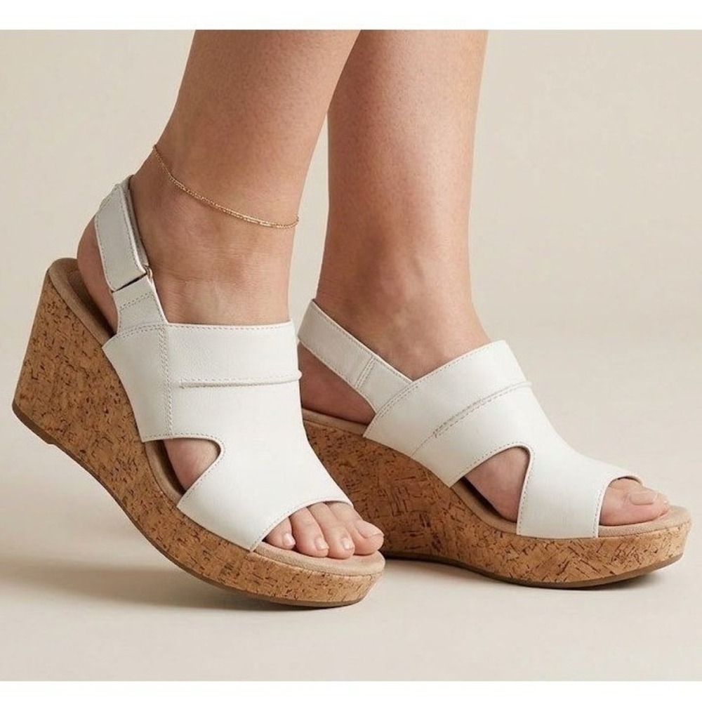 Clarks Womens 10 Annadel Ivory Leather Platform Cork Wedge Coastal Boho Sandals